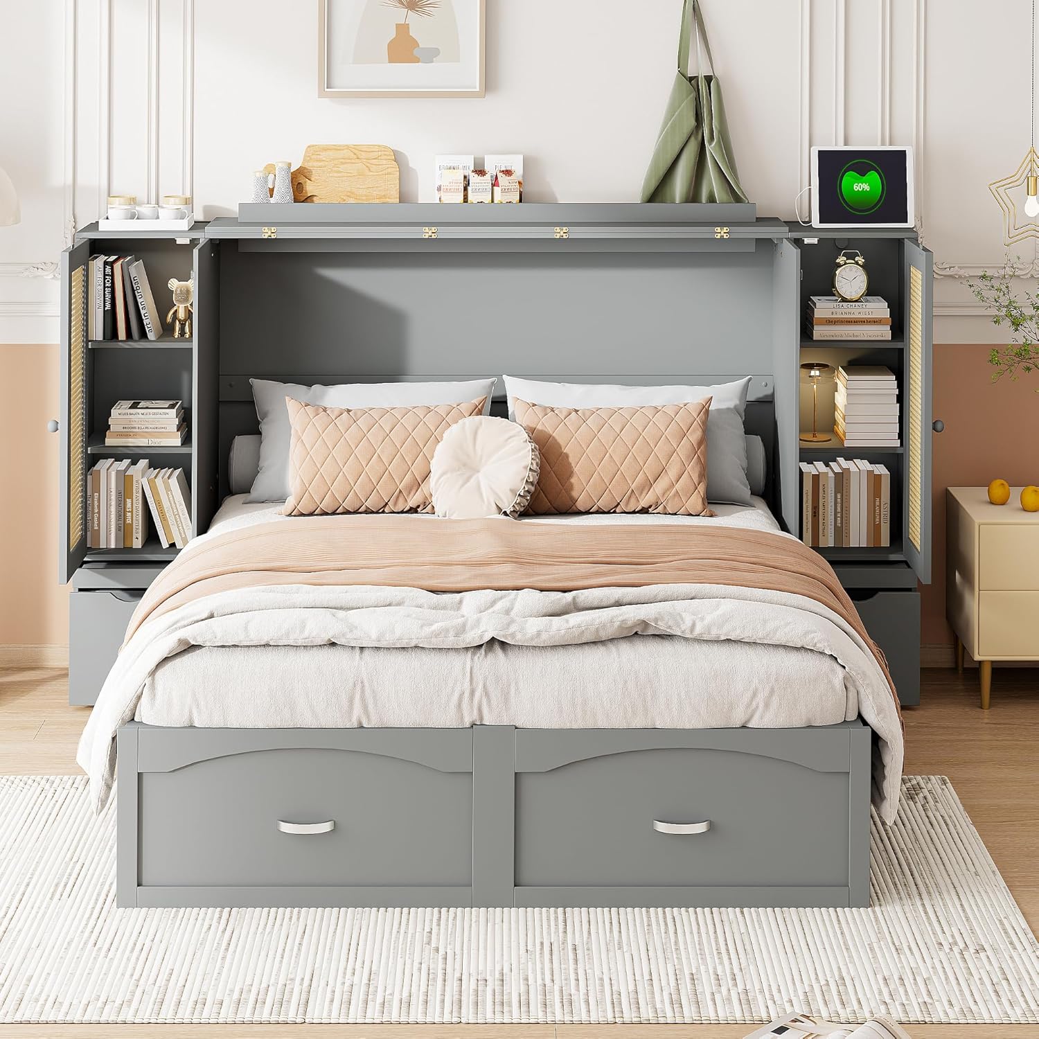 Queen Size Murphy Bed with Storage Drawer, Rattan Decoration with 2 Cabinets, Sockets and USB Ports