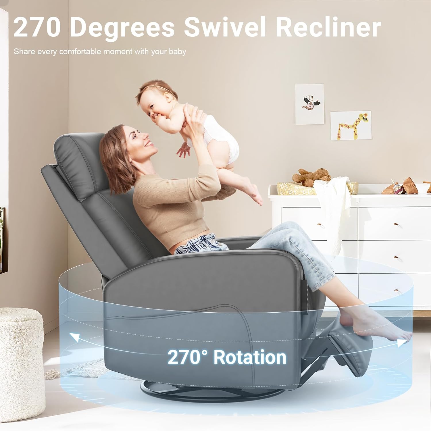 Power Recliner Nursery Glider Chair, Power Adjustable Head Support, 270 Degree Swivel Glider Rocking Chair with USB & Type C Ports