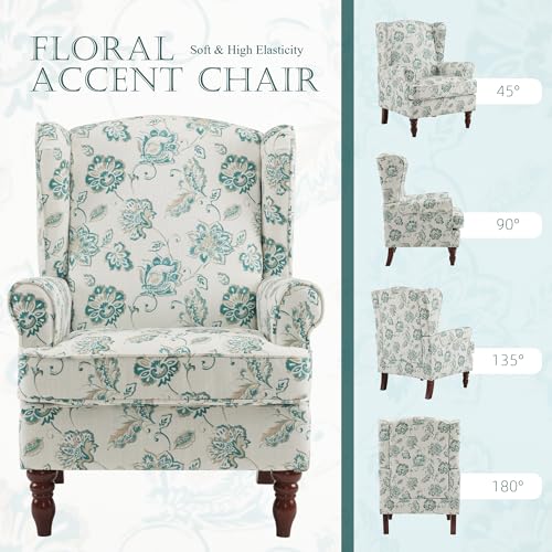 MELLCOM Floral Accent Chair, High Back Upholstered Armchair with Solid Legs, Leisure Single Sofa Chair for Living Room, Bedroom, Home Office