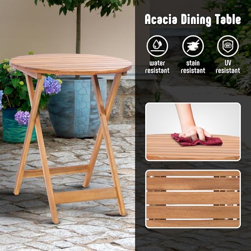 3-Piece Acacia Wood Patio Set, Foldable Bistro Table and Chairs Set of 2,Small Patio Furniture Set with Cushions