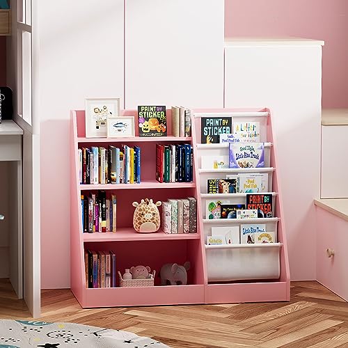 White Kids Bookshelf Wood Toy Storage Organizer Cabinet Children Bookcase Toddler Baby Sling Book Rack 3 Cube Bins Fabric Drawers for Playroom