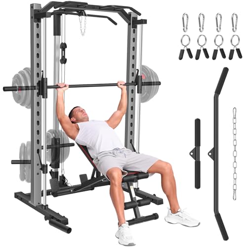Smith Machine with LAT-Pull Down, Multi-Functional Smith Machine, Power Cage with Cable Crossover, Squat Rack with Landmine, Barbell Bar
