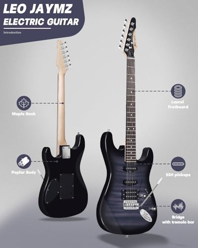 Leo Jaymz 39" Full Size ST Style Electric Guitar Starter Kit with SSH Pickup, 5W Portable Amp, Tuner, Gig Bag, Strap & Accessories (Violet Ocean)