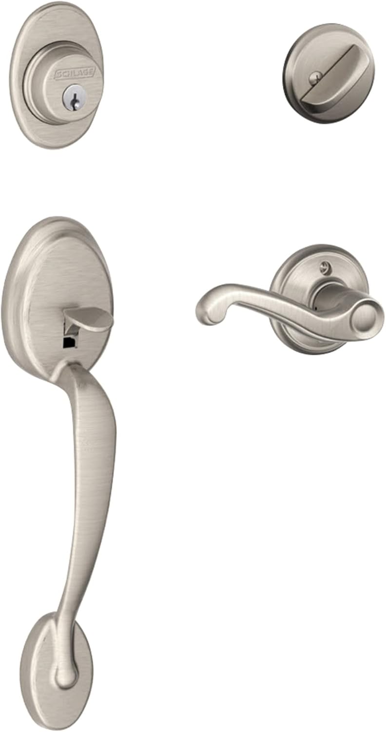 Schlage F60 V PLY 619 FLA Plymouth Front Entry Handleset with Flair Lever, Deadbolt Keyed 1 Side, Satin Nickel