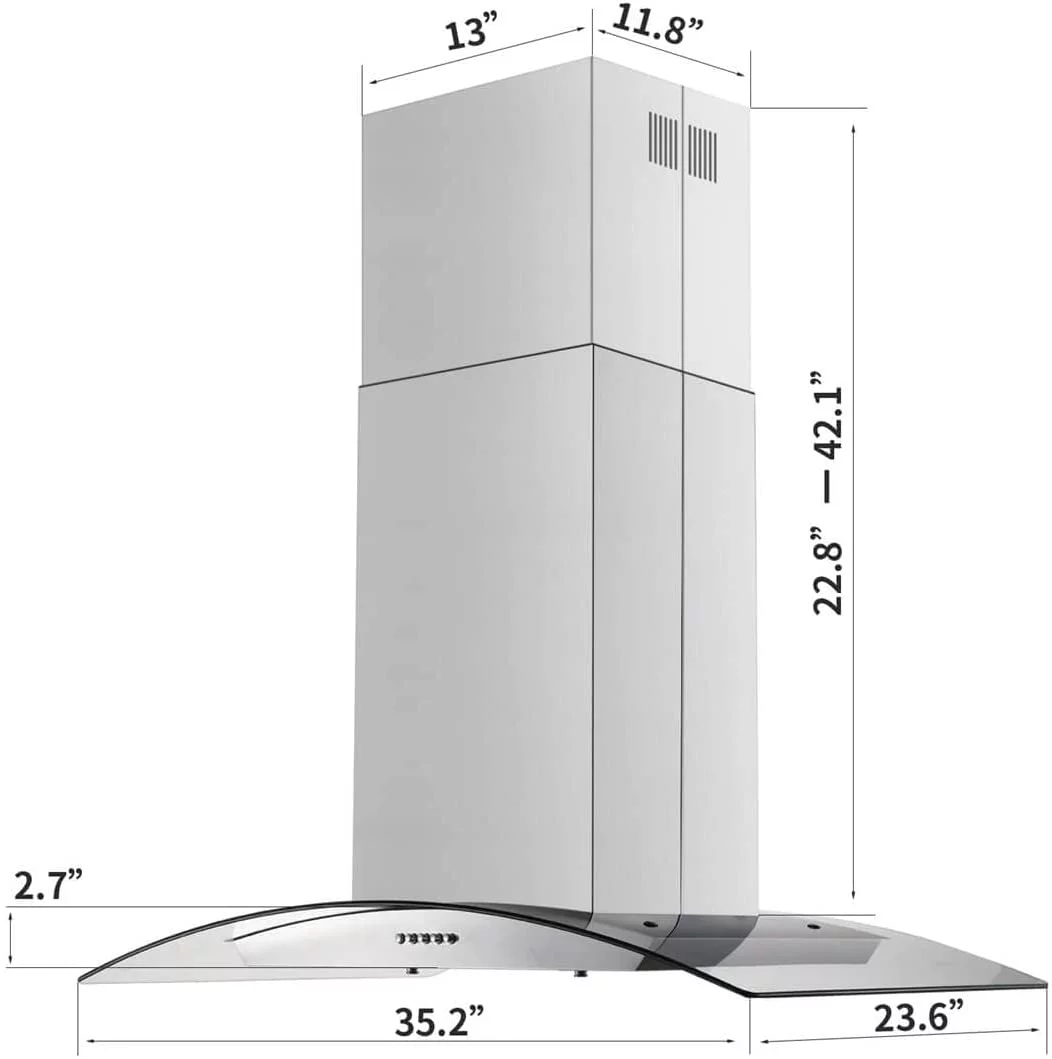 Tieasy Island Range Hood 36 inch Kitchen 3 Speed Extractor Fan Aluminum Filter Tempered Glass