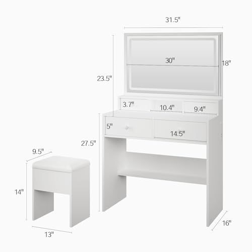 Haewon Vanity Desk with Lighted Mirror and Charging Station, Makeup Vanity Table Set with 4 Drawers and Storage Chair