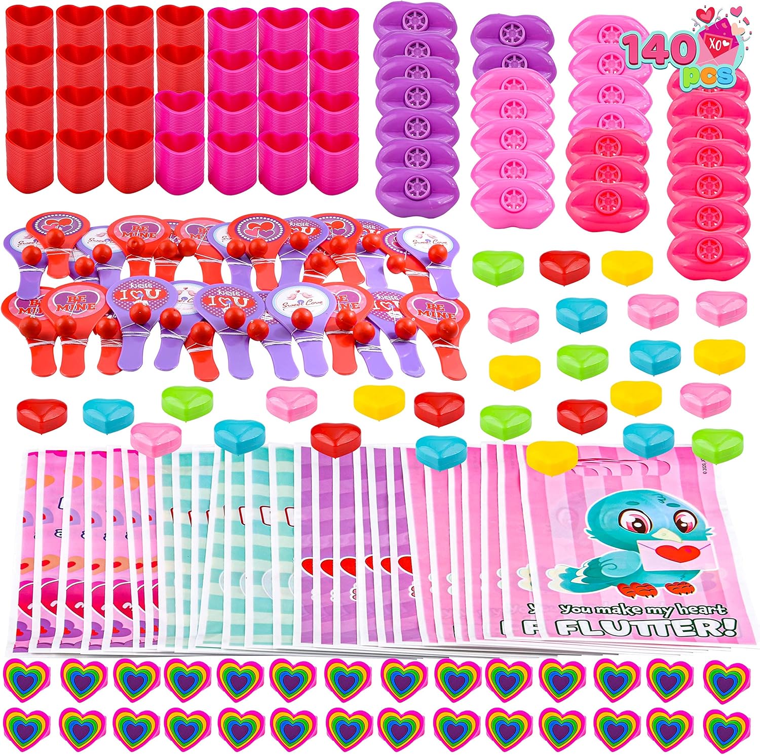 Joyin 140 Pcs Valentines Day Stationery Set with Treat Bags for Kids Party Favor, Classroom Exchange Prizes including Heart Shape Mini Car Toy