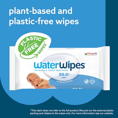 WaterWipes Plastic-Free Original Baby Wipes, 99.9% Water Based Wipes, Unscented & Hypoallergenic for Sensitive Skin, 60 Count (Pack of 12)