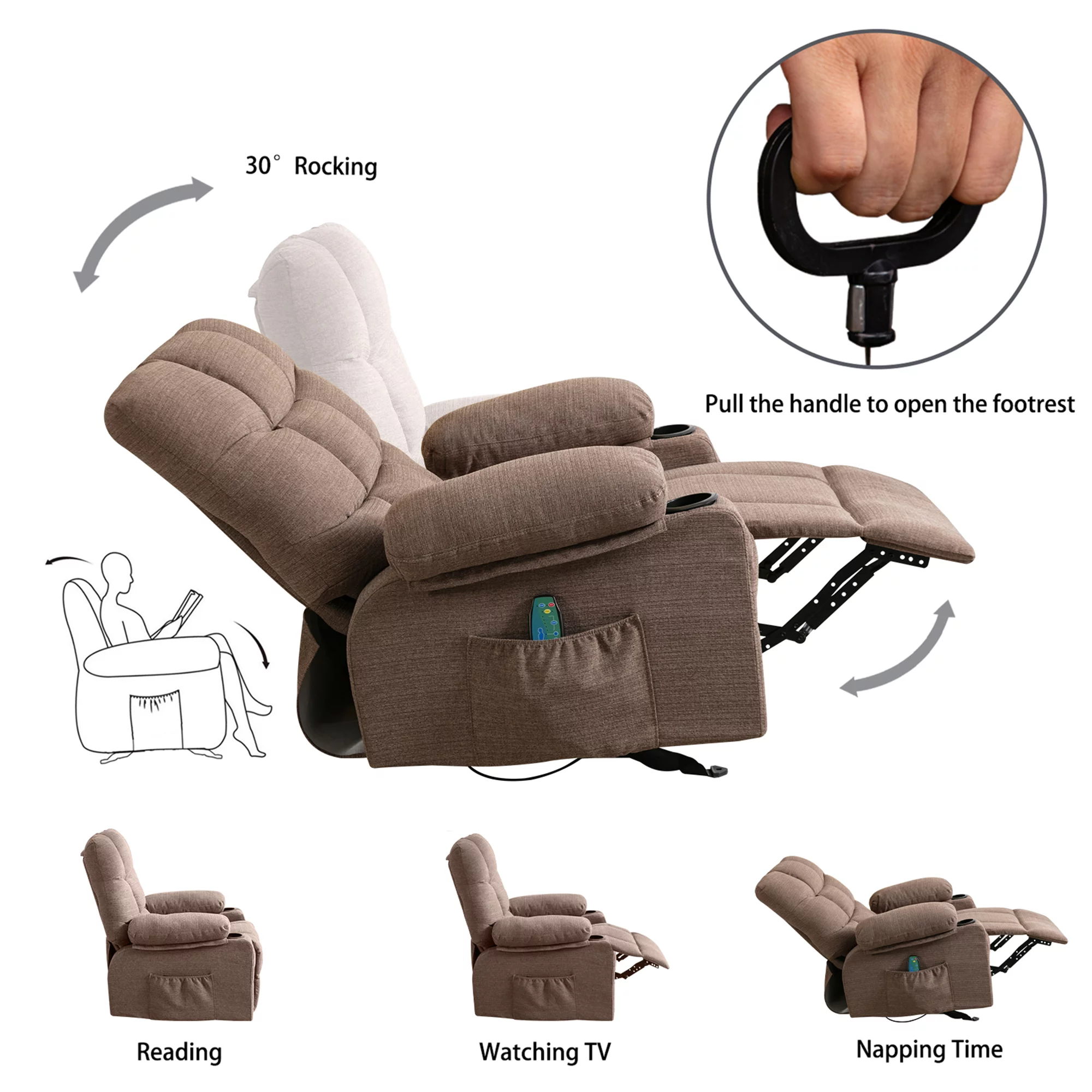 Big and Tall Manual Rocking Recliner Chair with 2 cup holders,USB Ports