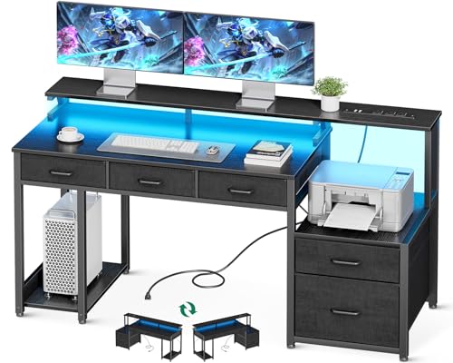 AODK 55 Inch Computer Desk with 3 Drawers and File Cabinet for Storage, Office Desk with Monitor Stand and LED Lights, Home Office Desks, Black