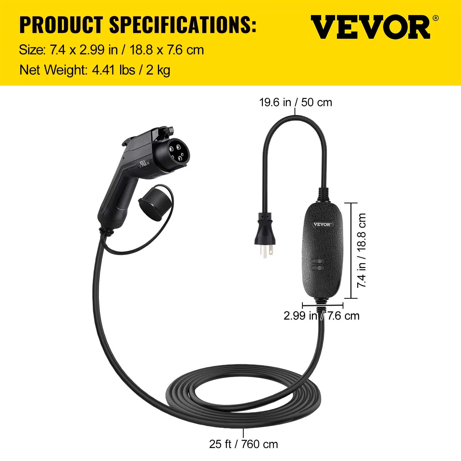 VEVOR Level 2 EV Charger, 16 Amp 110V-240V 3.84 kW, Portable Electric Vehicle Charger with 25 ft Charging Cable NEMA 6-20 Plug