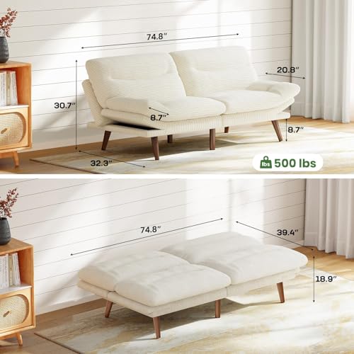 Marsail Futon Sofa Bed, Futon Couch with Adjustable Backrest & Armrests, Convertible Small Sleeper Sofa Bed for Small Apartments, Study Room, Office
