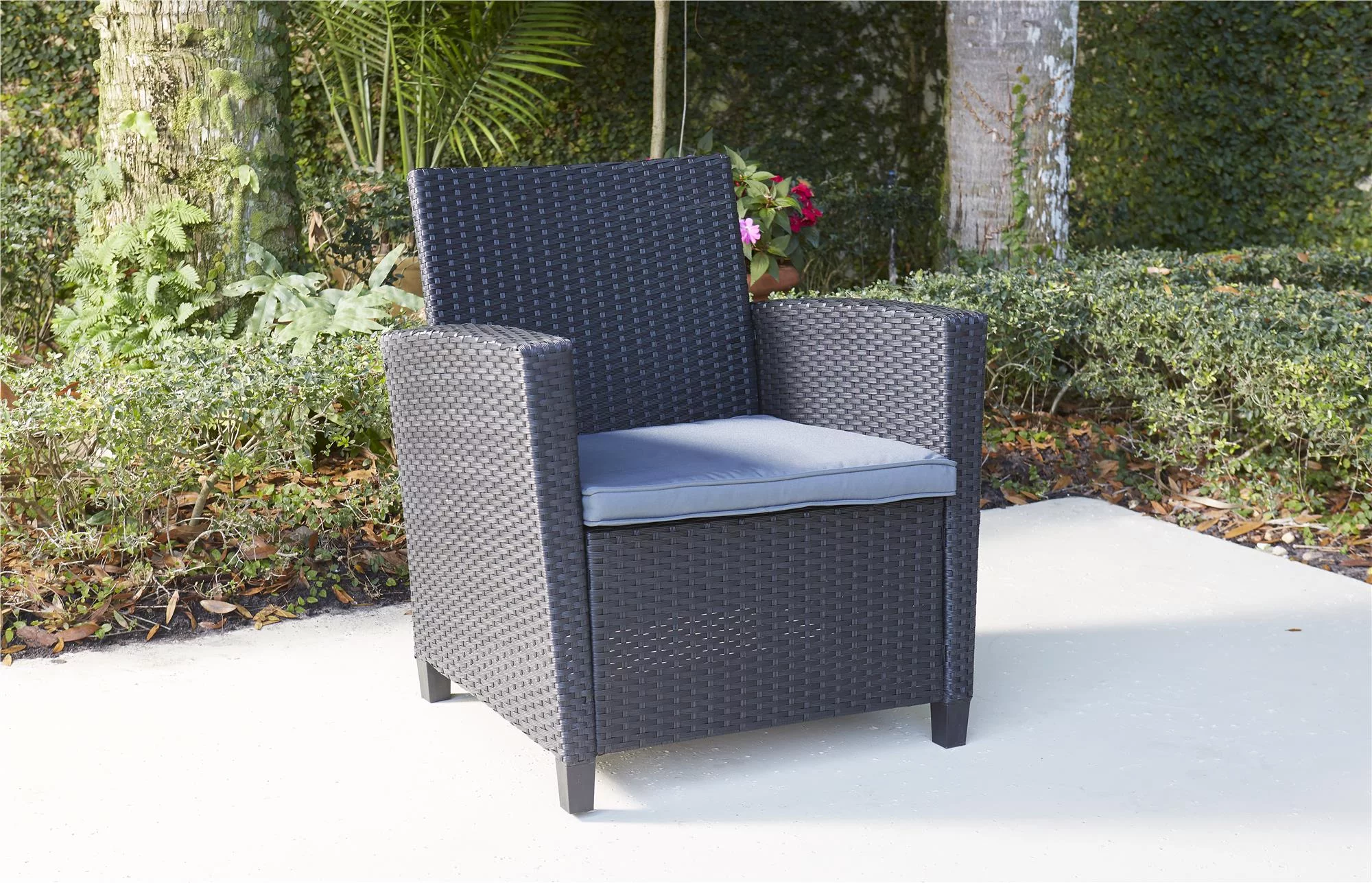 COSCO Outdoor 4 Piece Conversation Set, No Tools Assembly, Gray Cushions, Black Resin Wicker
