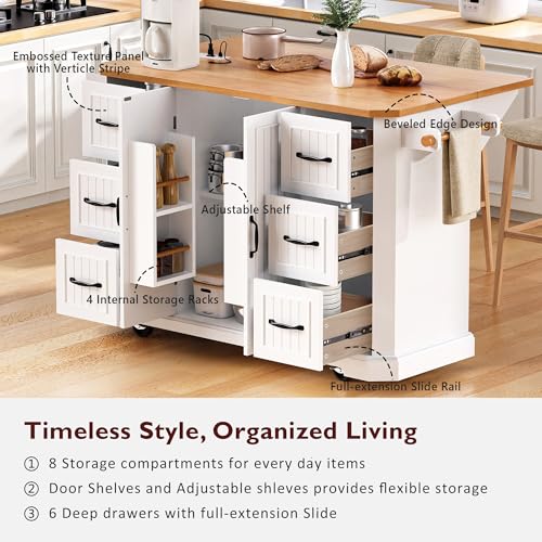 Amposei Rolling Kitchen Storage Island on Wheels with Power Outlet, Drop Leaf Breakfast Bar Kitchen Cart Island Table with Drawers