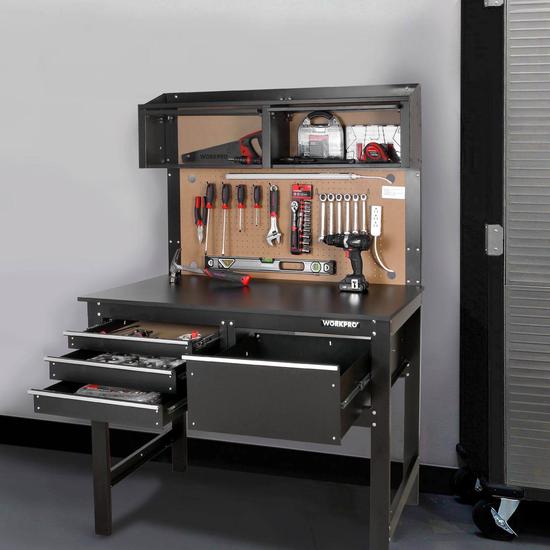 WorkPro 2-in-1 48in Workbench and Cabinet Combo with Work Light