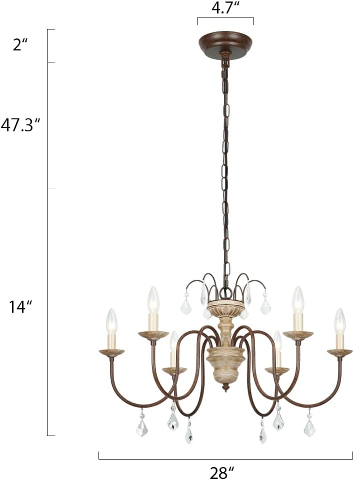 Oldiron 6 Light French Country Chandeliers, Rustic White Distressed Wood Rust Metal Candle Chandelier with Arc Arms and Crystal Pendant (28)
