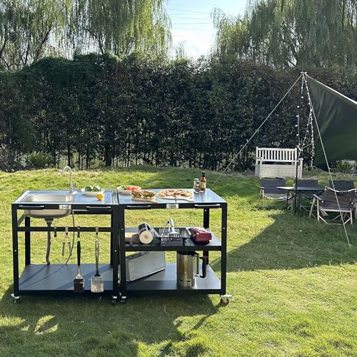 35” Outdoor Grill Cart with Sink, Outdoor Kitchen Sink Station with Hose Hook Up, Free Standing Sink with Wheels