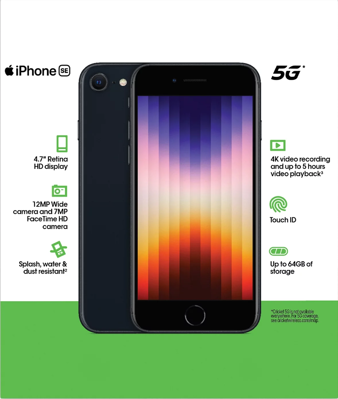 Cricket Wireless Apple iPhone SE 2022, 64GB, 4GB RAM, Midnight - Prepaid Smartphone - Radiant Selections