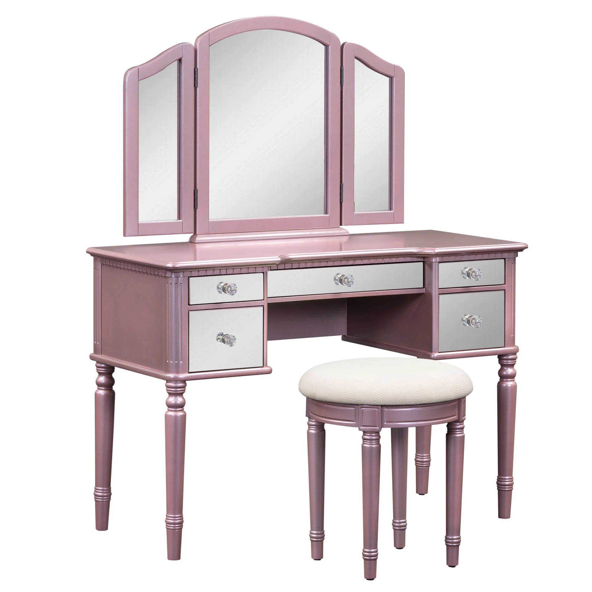 Soges Vanity Set with Tri-Fold Mirror Dressing Table Set with Mirrored Drawers and Stool, Makeup Vanity for Bedroom, Pink