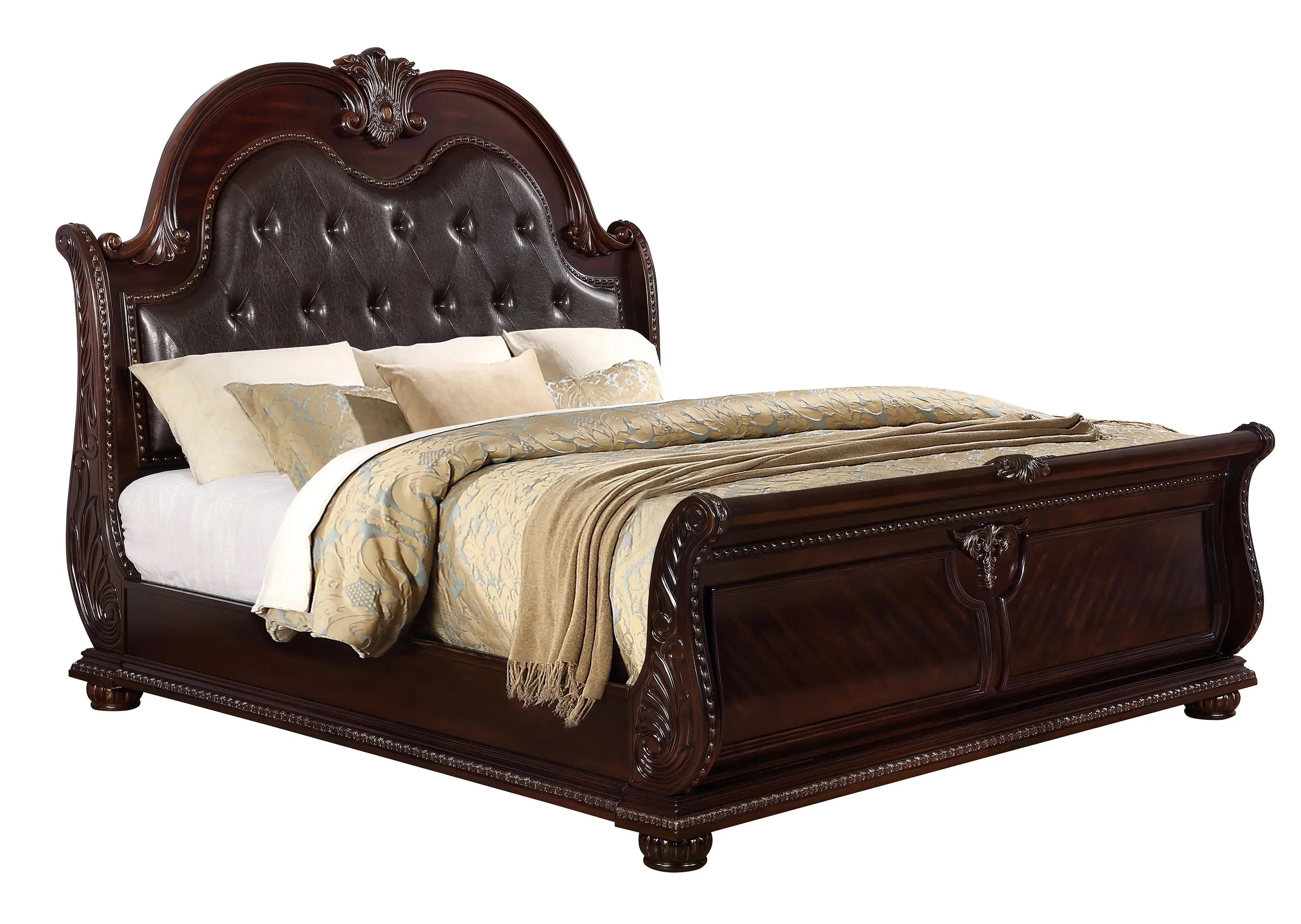 Traditional Formal 6pc Set King Size Faux Leather Upholstery Panel Bed Cherry Finish Marble Top Solid Wood Furniture