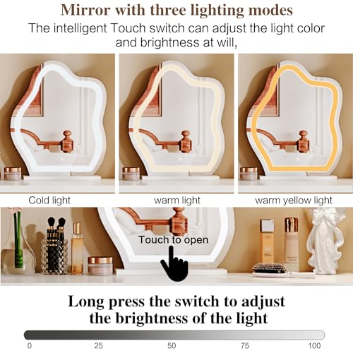 Large Makeup Vanity Desk with Mirror and Lights, Vanity Desk with 8 Drawers & Storage Shelves, Vanity Table with Power Outlet