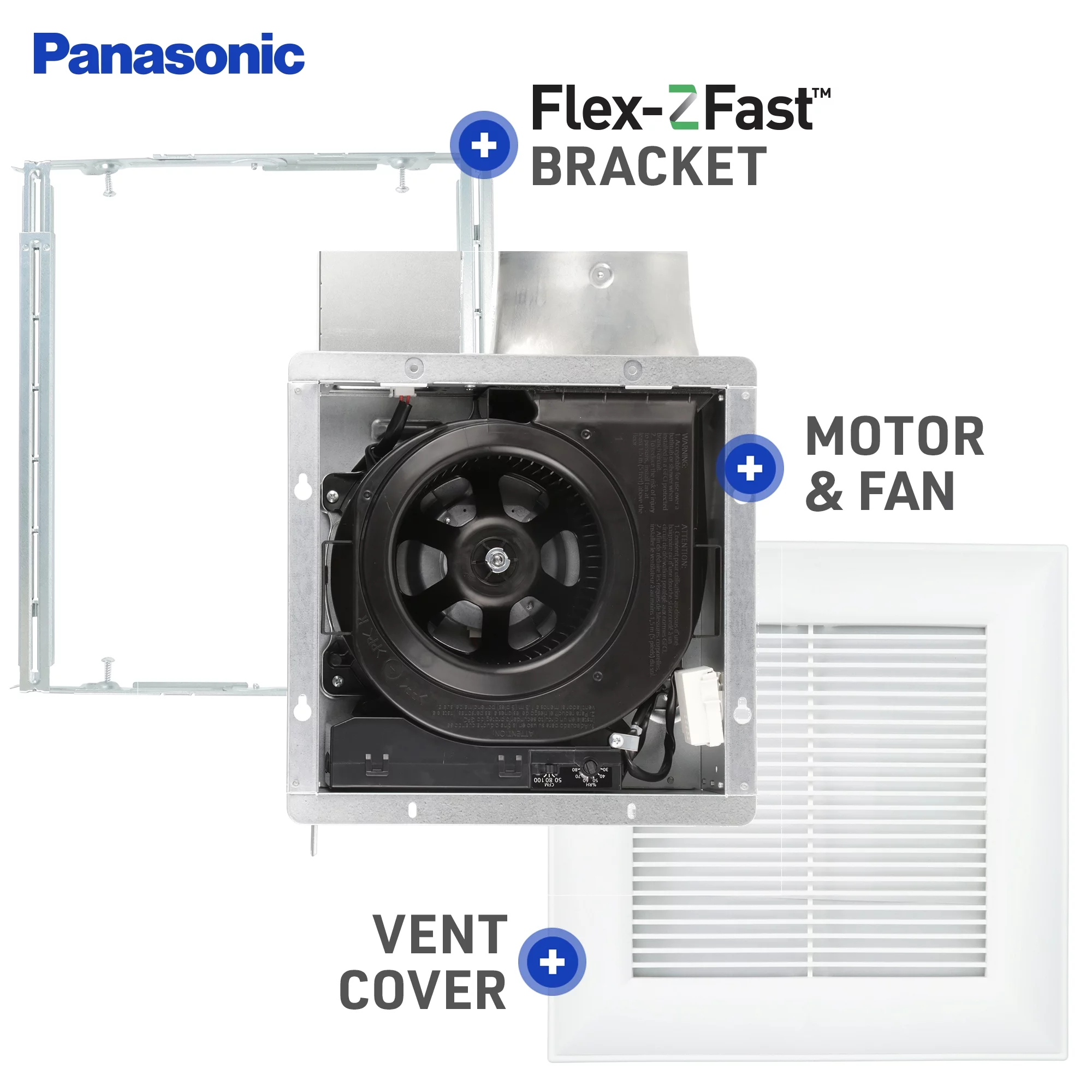 Panasonic WhisperValue DC Pick-a-Flow 50, 80, or 100 CFM Ceiling or Wall, Very Low Profile Exhaust Fan with Condensation Sensor, White