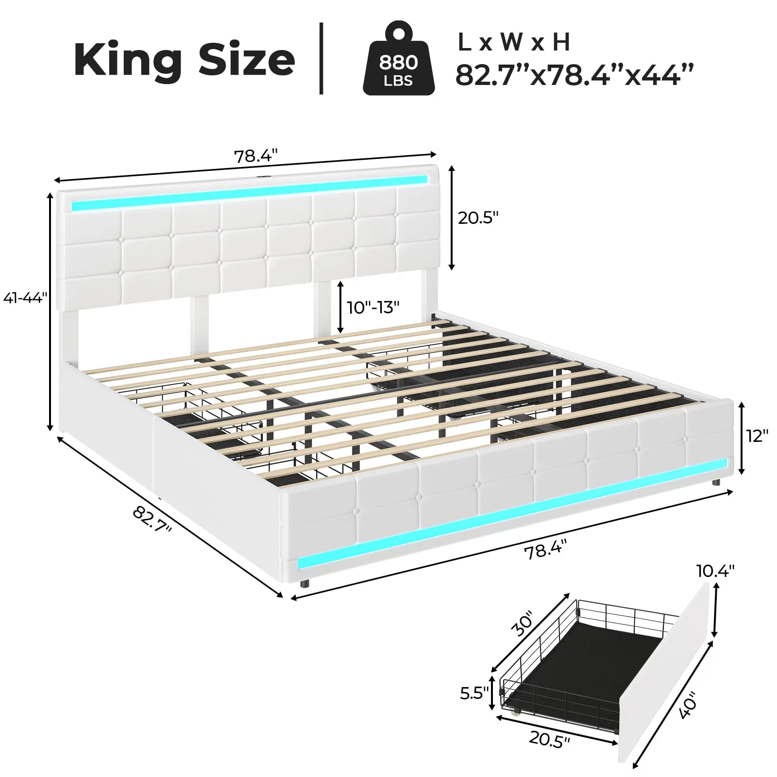 King Bed Frame with Storage Drawers, Platform Bed Frame with LED Lights and USB Port,Leather Upholstered Headboard,Wooden Slats,White