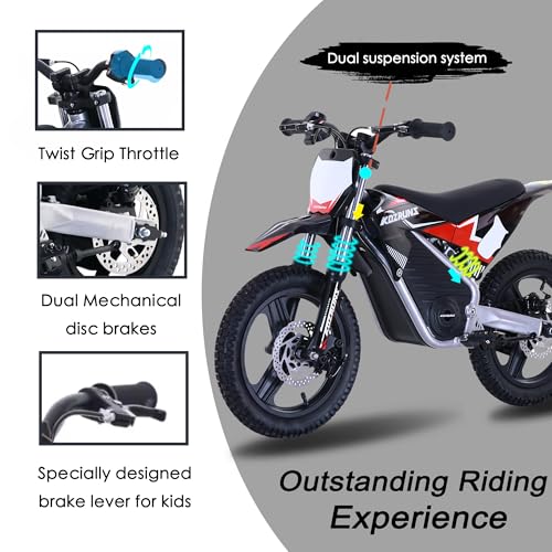 OLALA 36V Electric Dirt Bike for Kids Aged 4-8, Brushless 350W Racing Grade Electric Motorcycle, Up to 18.6MPH & 3 Speed Settings, Dual Disc Brakes