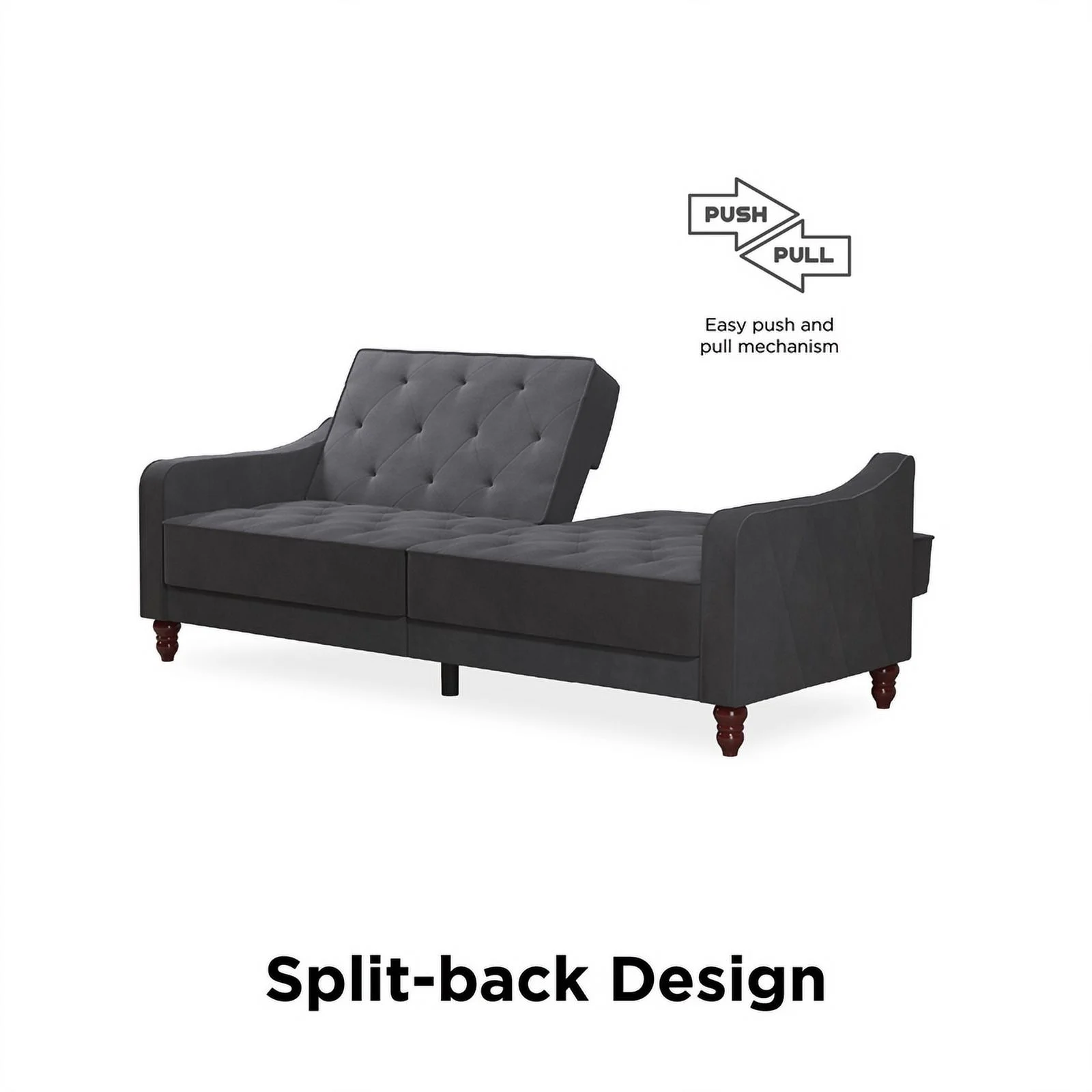 Pemberly Row Contemporary Vintage Tufted Split Back Futon in Grey Velvet