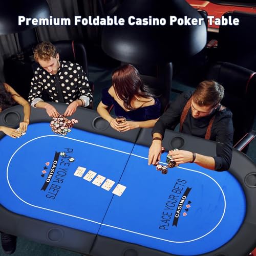 COLOR TREE Foldable Blackjack Poker Table, 84" Premium Texas Hold'em with Cup Holders, Padded Rails, Stylish Blue Design