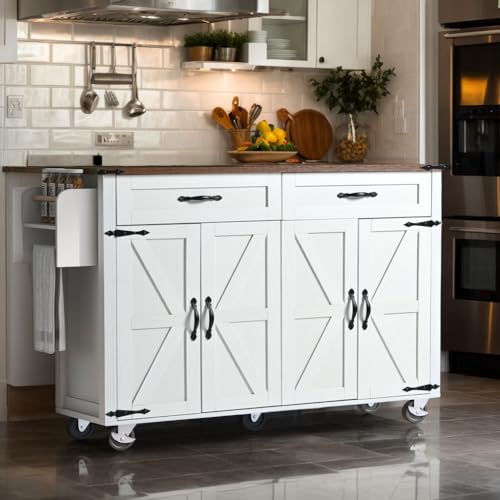 53.7" Farmhouse Kitchen Island with Drop Leaf,2 Drawers,Kitchen Storage Island with Power Outlet,Spice Rack