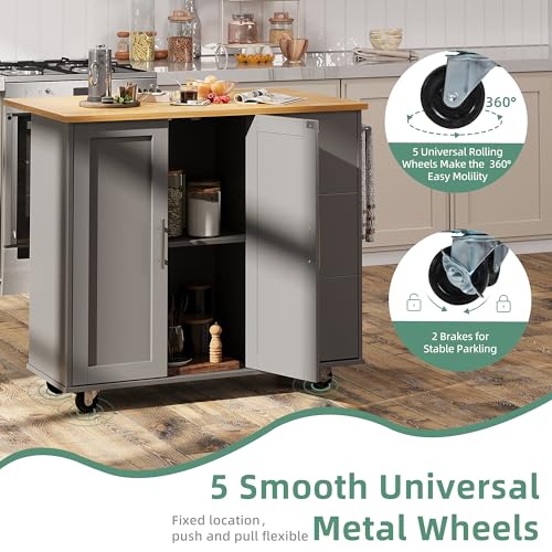 Shintenchi Rolling Kitchen Island Cart with Folding Drop Leaf Breakfast Bar, Portable Trolley Island with Large Storage Cabinet, Shelf and Drawer