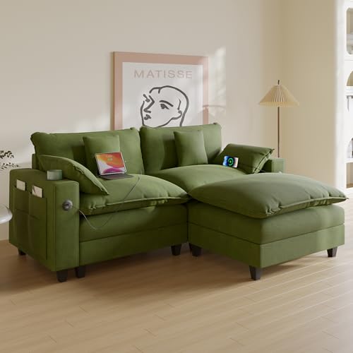 Modular Sectional Sofa, Cloud Couch with Ottoman, Charging Station, Throw Pillows, Cup Holders, Modern Convertible U Shaped Couches for Living Room