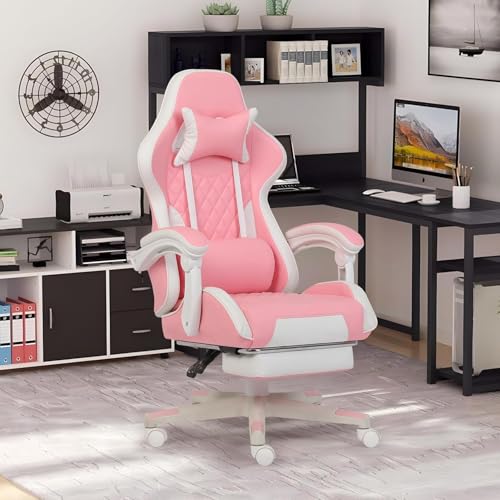Gaming Chair, Computer Office Chair with Footrest, Linkage Armrests and Lumbar Support, High Back Ergonomic Gamer Chairs for Adults, Blue Fabric
