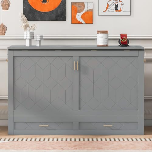 Harper & Bright Designs Queen Size Murphy Wall Bed, Chest Cube Cabinet With USB, Charging Station and Large Storage Drawer for Home Office