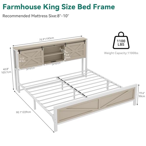YITAHOME Farmhouse Queen Size Bed Frame with Headboard, Bookcase Storage Shelves, Sliding Barn Door, Charging Station, Rustic Wood Platform Bed