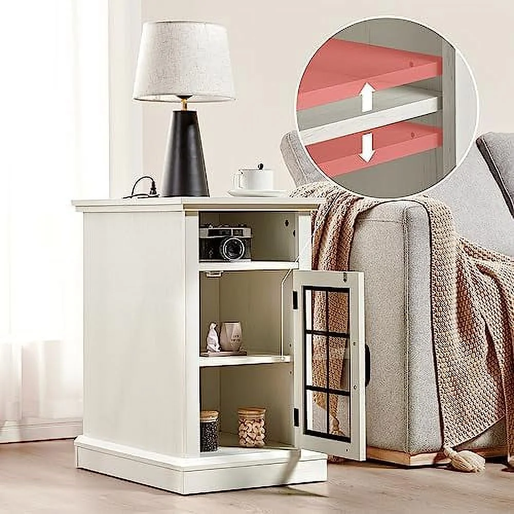 Set of 2 End Table with Charging Station&amp;USB Ports   Side Table Cabinet with Glass Door for Living Room  Bedroom  Distressed White