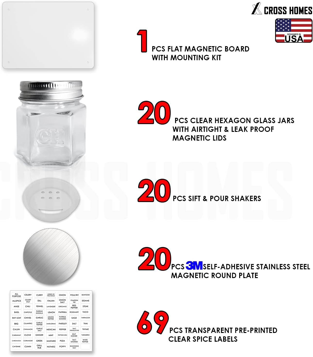 Magnetic Spice Jars Empty Small Hexagon Glass Spice Jars 20 Sets with Magnetic Lids, Shaker, Magnetic Board