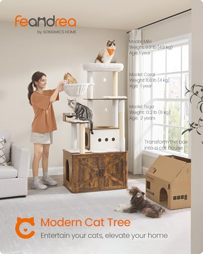 Feandrea Cat Tree, 66.9-Inch Cat Tower with Litter Box Enclosure, Large Cat Condo with Food Station, Storage, Scratching Posts, Cat Cave, Hammock