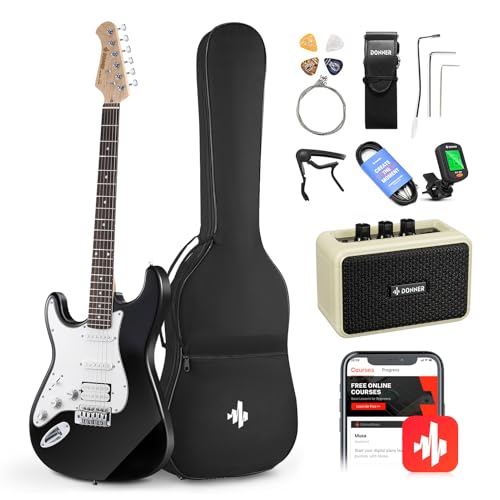Donner DST-100B 39 Inch Electric Guitar Beginner Kit Solid Body Full Size Black HSS for Starter, with Amplifier, Bag, Digital Tuner, Capo, Strap