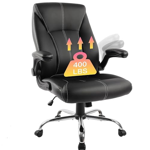 Big and Tall Office Chair for Heavy People 400lb, Executive Desk Computer Chair Adjustable Flip-up Armrests