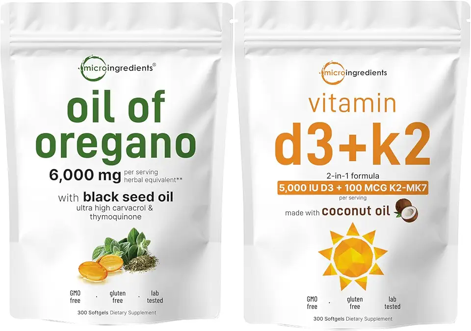 Micro Ingredients Oil of Oregano Softgels 6,000mg Per Serving & Vitamin D3 5000 IU Plus K2 (MK-7) 100 mcg