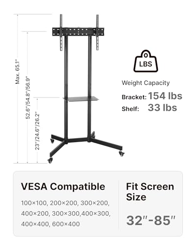 Heavy-Duty Rolling TV Stand for 32–85" Screens — Supports 187 lbs (154 lbs TV + 33 lbs Shelf), Stable Mobile TV Cart with Shelf & Locking Wheels