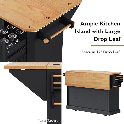 Amposei Rolling Kitchen Storage Island on Wheels with Power Outlet, Drop Leaf Breakfast Bar Kitchen Cart Island Table with Drawers