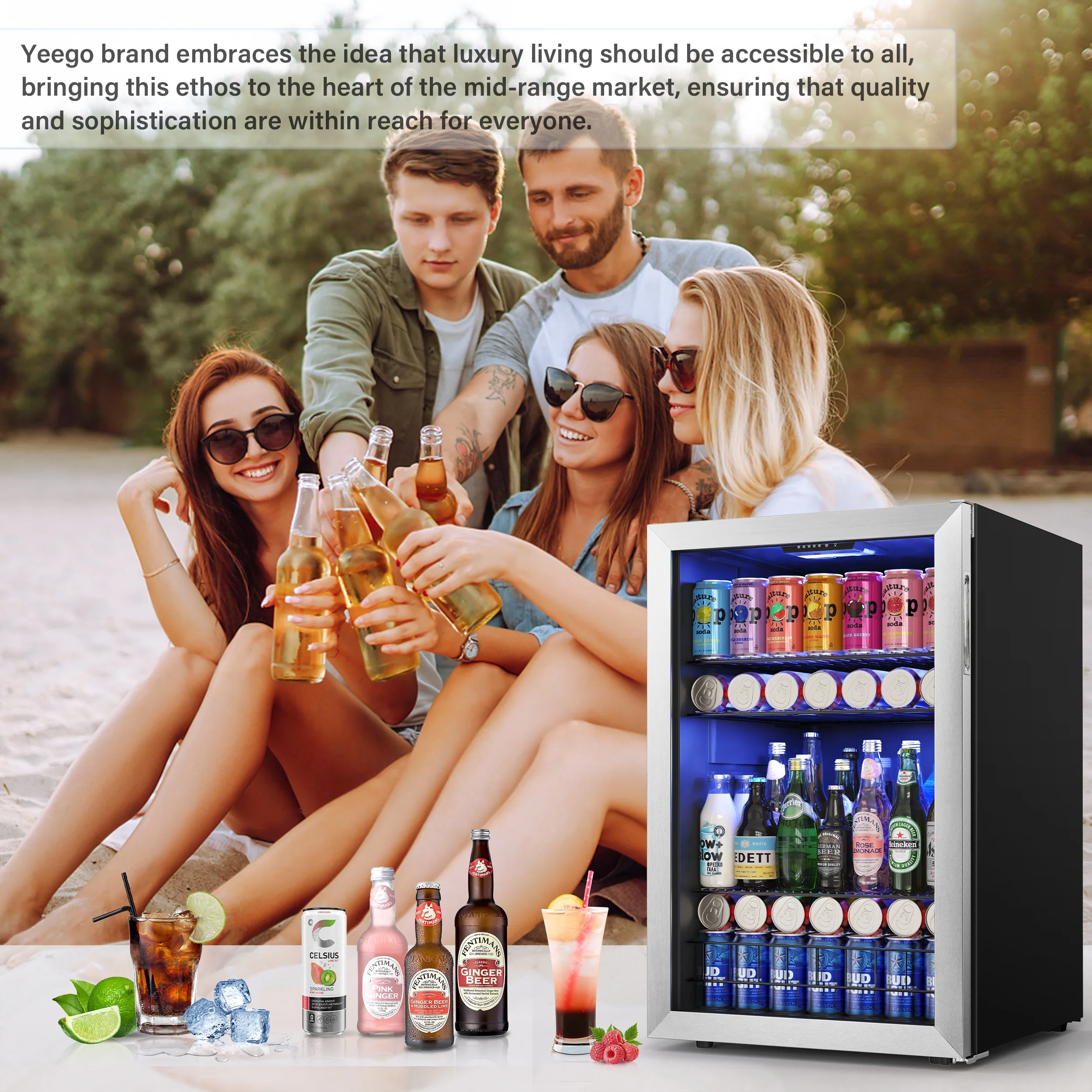Yeego Beverage Refrigerator Cooler, 141-180 Can Freestanding Mini Beverage Fridge with Glass Door, Adjustable Shelving,4.59 Cu.ft.