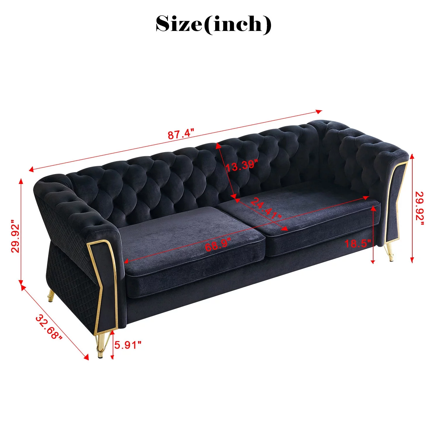SZLIZCCC Modern Tufted Velvet Living Room Sofa Flare Arm, 87.4”W Couch, Black