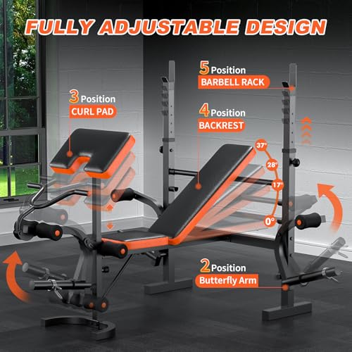 Fostoy Adjustable Weight Bench with Leg Extension, Preacher Curl & Butterfly Arm, 990lbs Heavy Duty Bench Press for Full Body Home Gym Workout