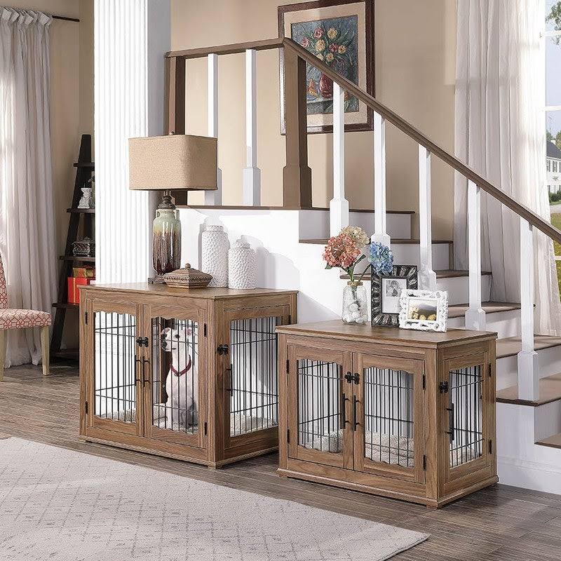 Unipaws Crate Wooden End Table with Wire Dog Kennel with Bed in Weathered Gray, 32x22 L x 23x22 W x 26.5x22 H, Medium