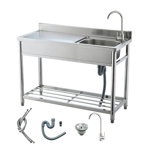 Stainless Steel Utility Sink Freestanding Kitchen Sink with Faucet Single Bowl 16 Gauge Outdoor Workbench with Knife Hole for Restaurant or Laundry