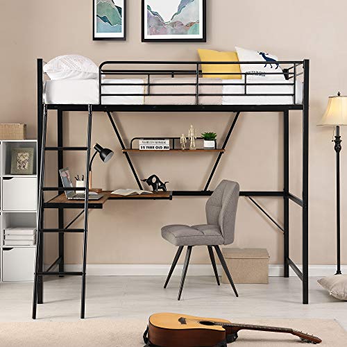 Harper & Bright Designs Full Loft Bed with Desk, Metal Loft Beds with Storage Shelves, Desk, and Wardrobe, Heavy-Duty Loft Bed Frame for Kids, Teens